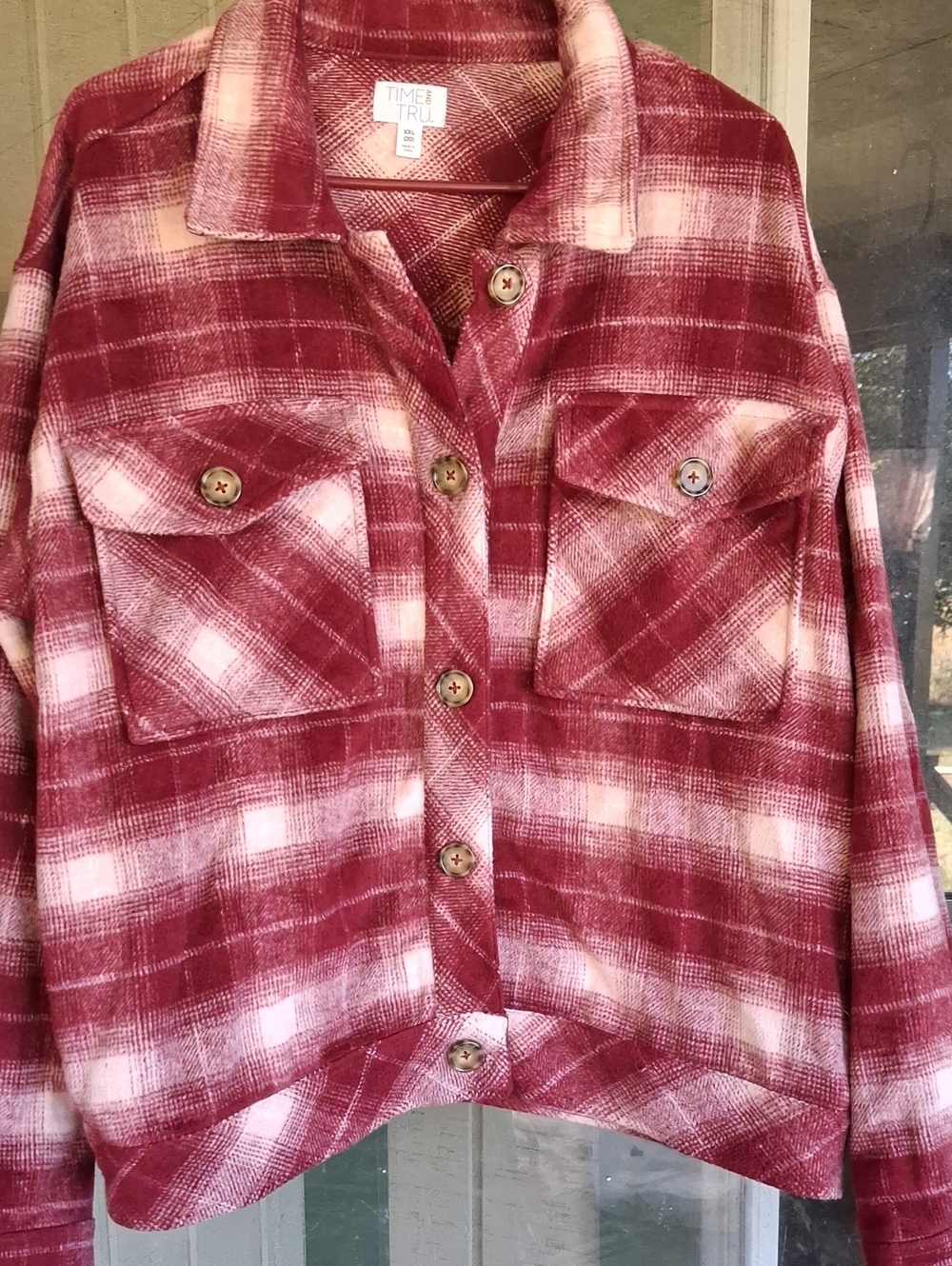 Womens Burgandy Plaid Button-Up Shirt Jacket